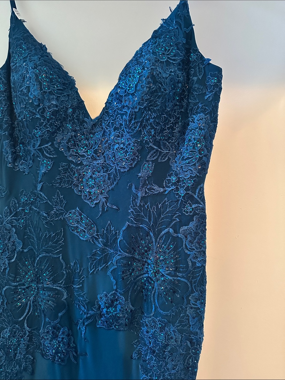 Beaded Teal V-Neck Evening Gown